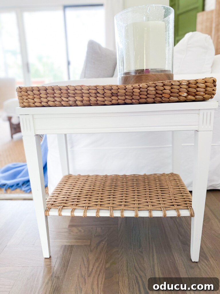 Designer Dupe Two-Tier End Table Makeover 8 Side view of the two-tier table after its stunning DIY makeover, revealing the seamless integration of paint and woven texture.