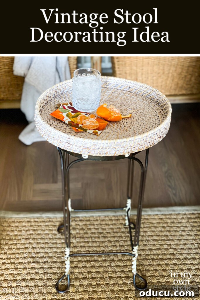 Reinvent Your Bar Stool as a Chic Accent Table 15 Vintage Stool Decorating Idea showcasing a repurposed accent table with a wicker tray.