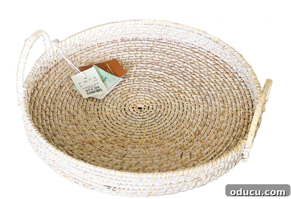 Reinvent Your Bar Stool as a Chic Accent Table 4 whitewashed round wicker tray with handles, perfect for a DIY side table