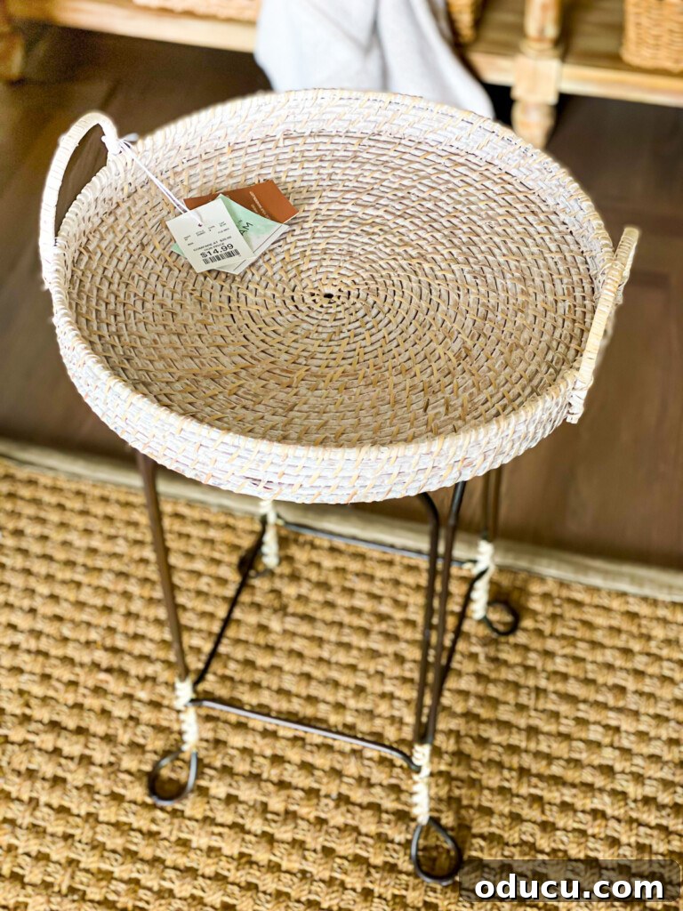 Reinvent Your Bar Stool as a Chic Accent Table 5 Round wicker tray with handles placed atop a vintage metal stool, ready for transformation