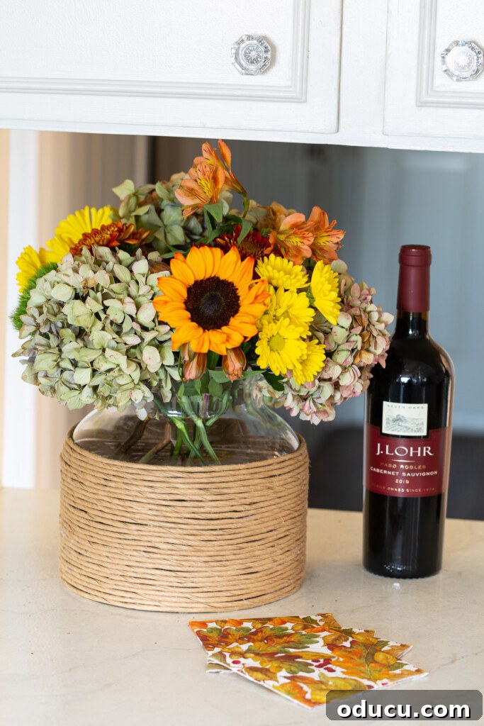 DIY Twisted Paper Ribbon Vase and a Creative Bonus Project 6 fall flowers in paper cord wrapped vase