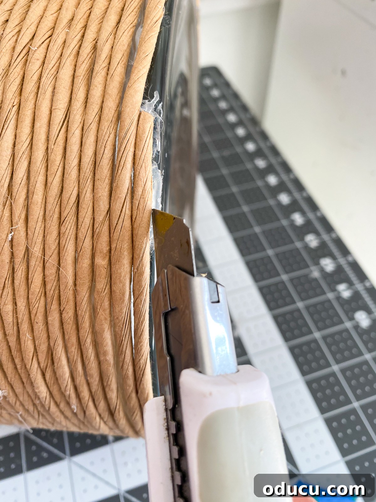 paper cord wrapped around glass vase glue getting cut off