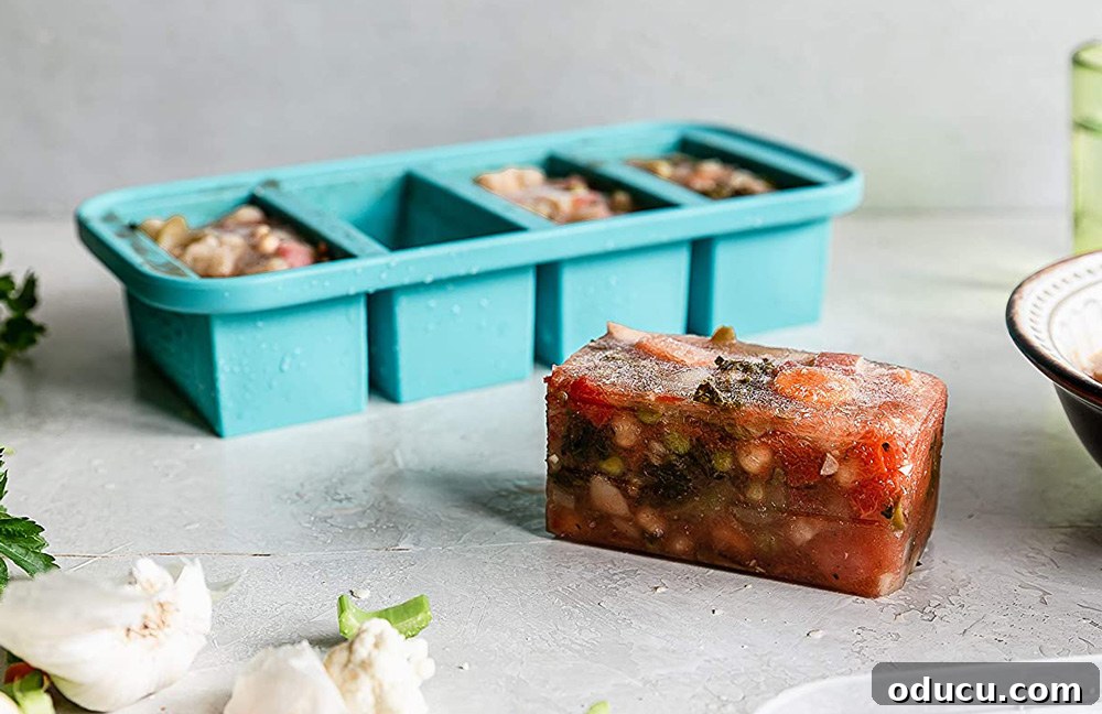 Cozy Autumn Bean and Greens Soup 3 Rows of frozen soup portions in Souper Cubes, demonstrating effective meal prep