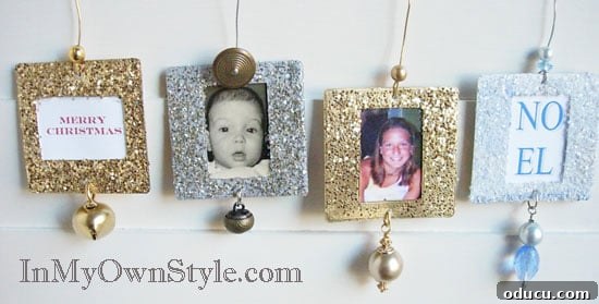 Craft 15 Beautiful Christmas Ornaments You'll Cherish 15 Glittery photo Christmas ornaments.
