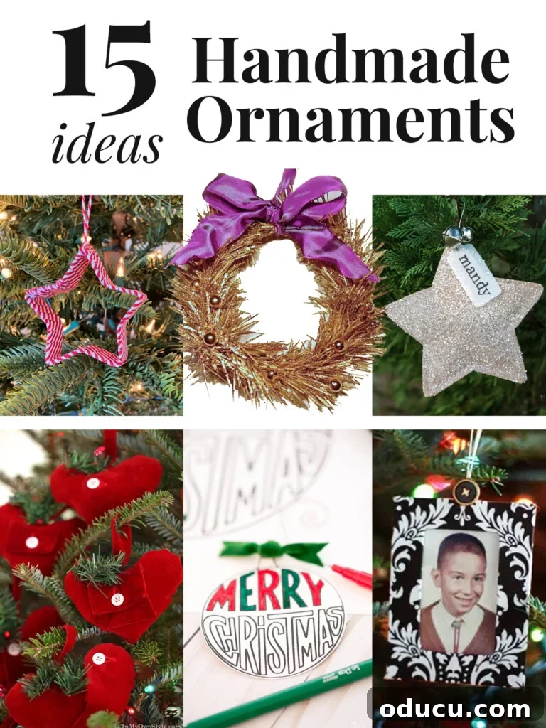 Craft 15 Beautiful Christmas Ornaments You'll Cherish 20 A collage featuring 15 easy and unique handmade Christmas ornament ideas, perfect for tree decoration or festive gifting.