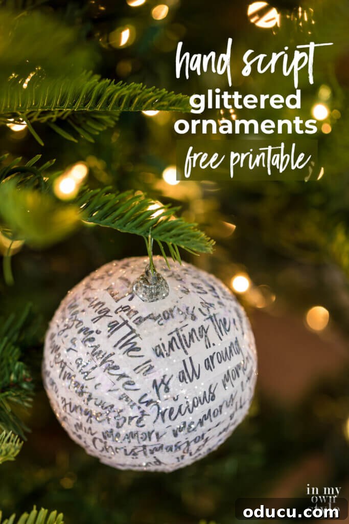 Craft 15 Beautiful Christmas Ornaments You'll Cherish 5 Ball Christmas ornament transformed with glitter and strips of hand-scripted paper featuring lyrics from Home Alone.