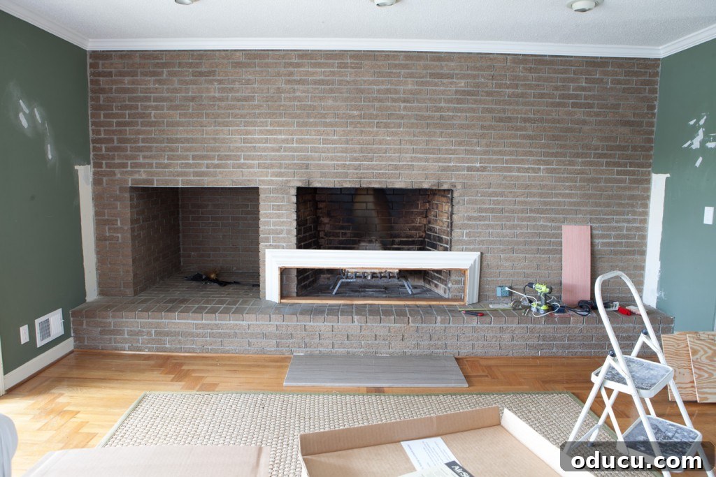 Effortless DIY Fireplace Mantel 2 How to install plywood planking over an interior brick wall