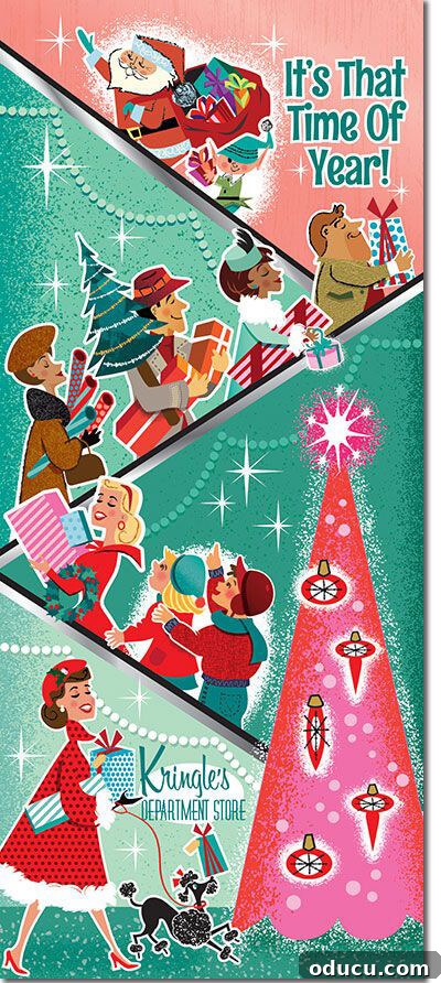 Gifts Guys Actually Want This Holiday 3 Vintage Christmas Card of shoppers in a festive market