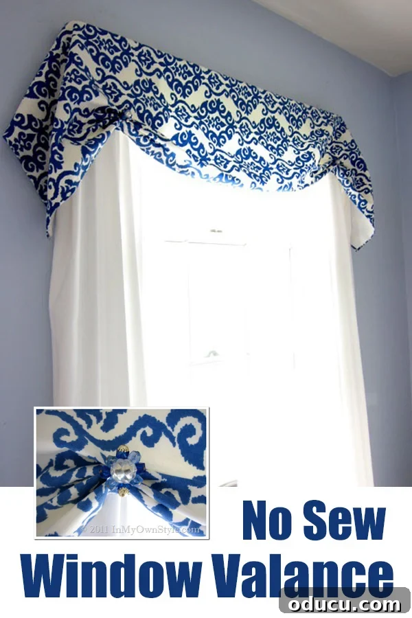 Effortless No Sew Window Treatments 2 Blue and white pattern no sew window valance. A classic design for effortless home decor.