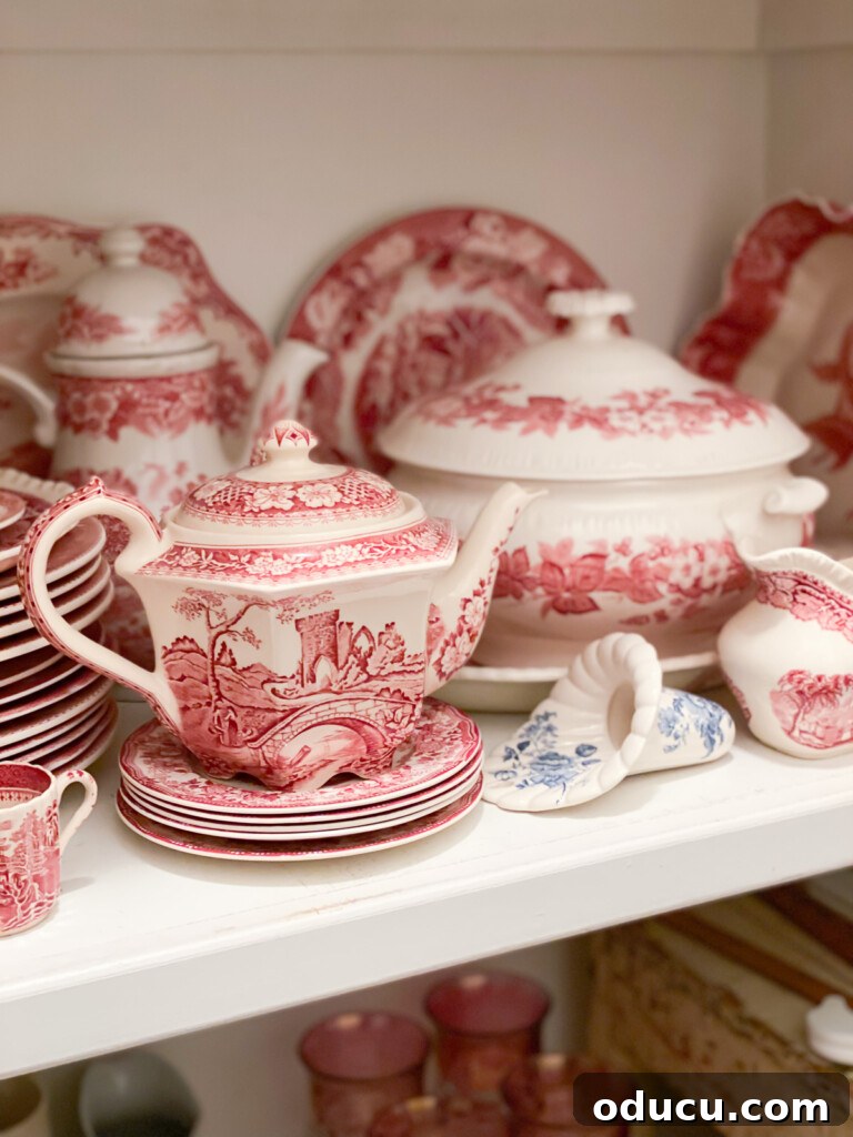 Red and white vintage china in china closet
