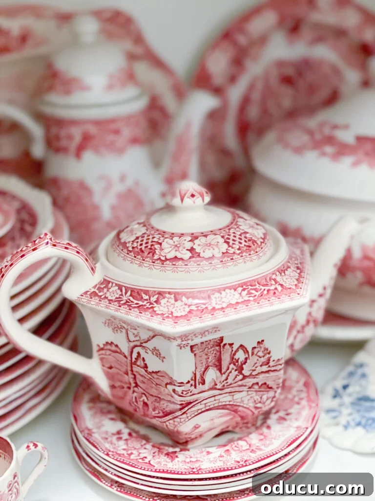 Red and white vintage china in china closet