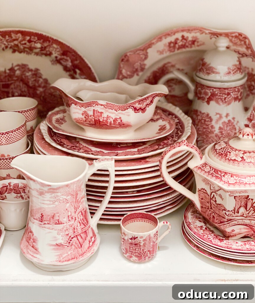 Red and white vintage china in china closet