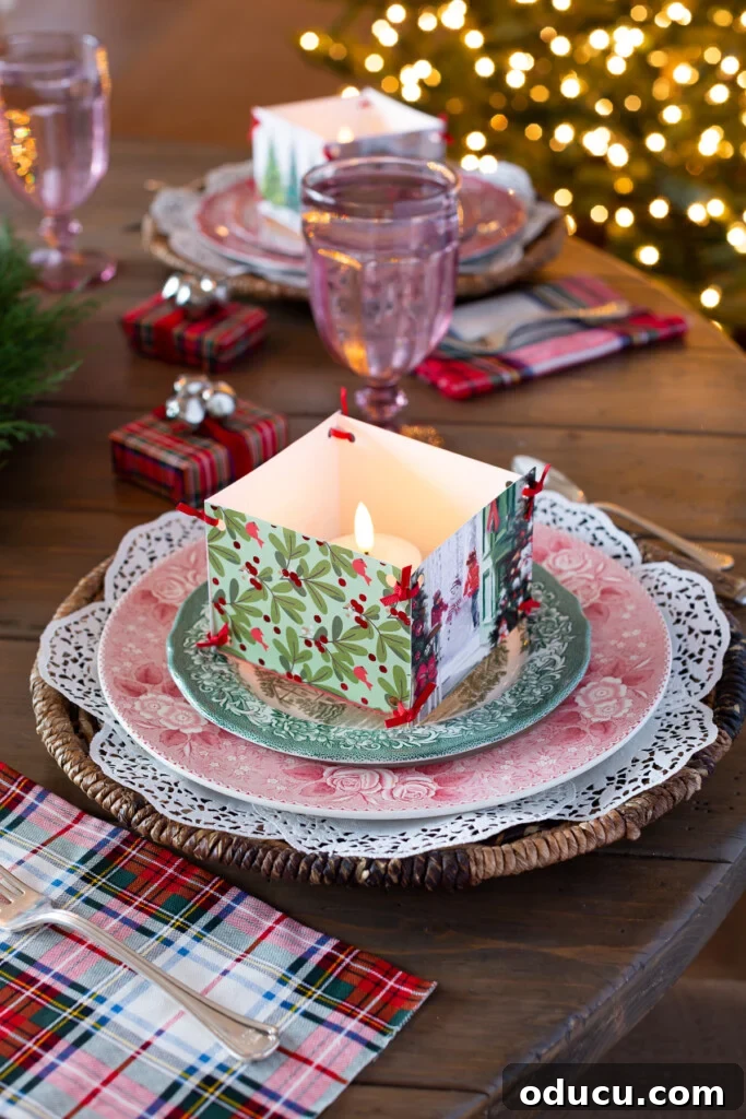 DIY Charming Paper Doily Placemats and Plate Chargers 2 red and white dinner plates set on dining table for Christmas