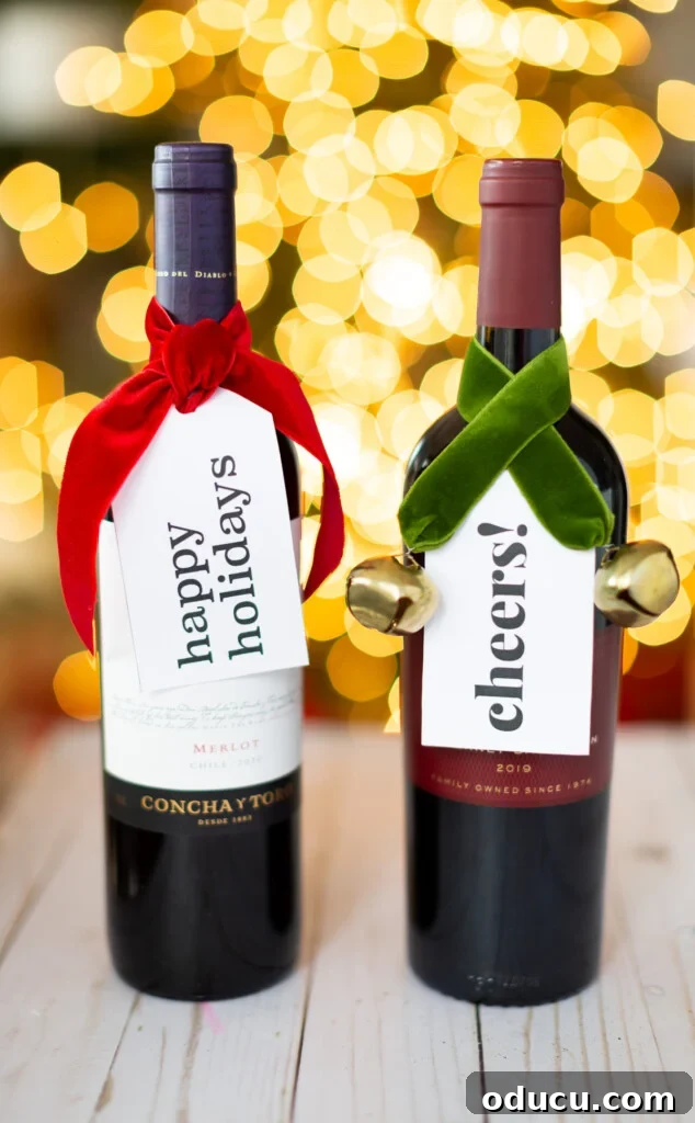 2 wine bottles ready for giving at the holidays