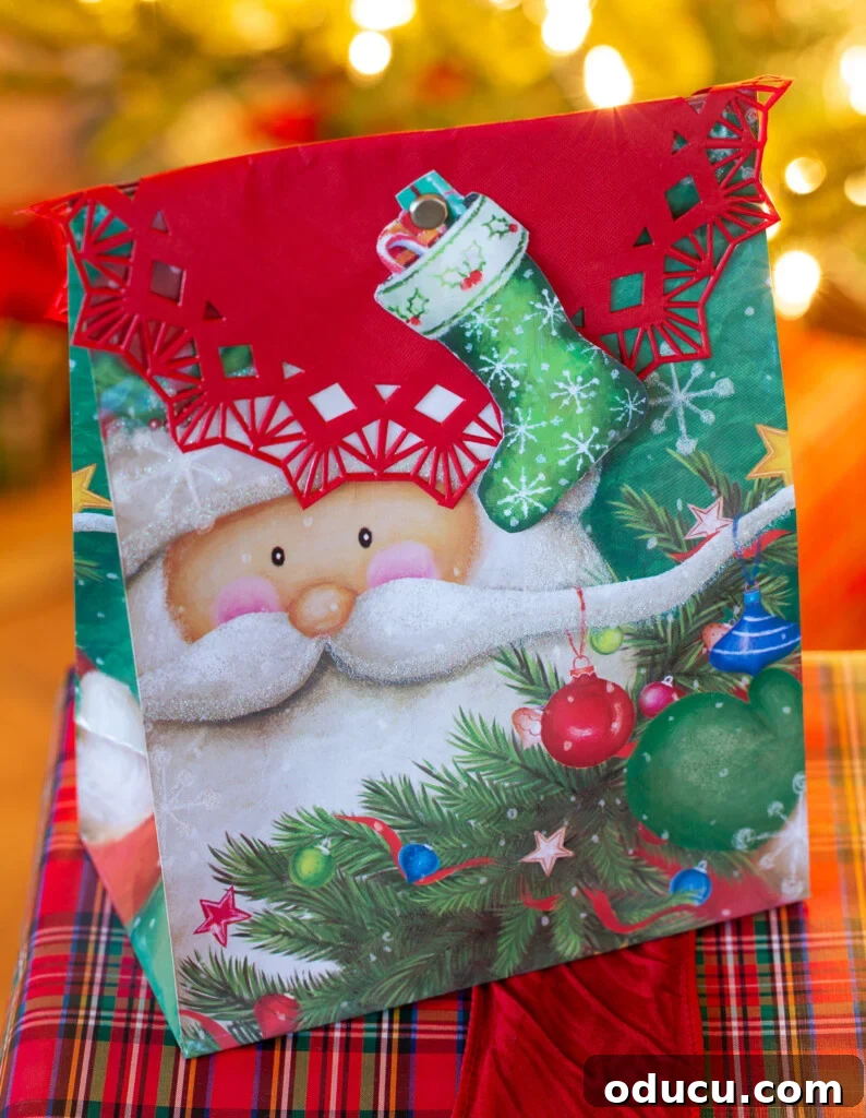 Smart & Stylish Ways to Repurpose Gift Bags for New Gifts 4 Reused Santa gift bag gets a fresh, new look with a folded paper doily closure.
