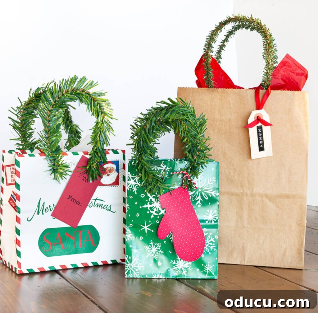 Smart & Stylish Ways to Repurpose Gift Bags for New Gifts 7 Three Christmas gift bags featuring stylish new handles made from pine garland ties.