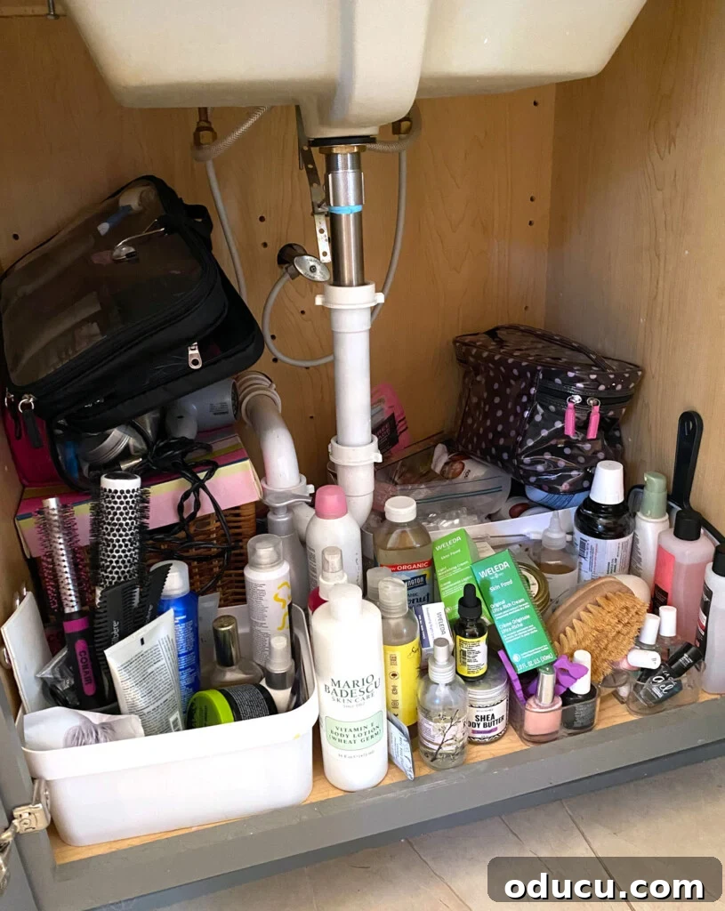 Triple-Tier Revolving Bathroom Organizer 2 Before decluttering a bathroom sink cabinet, showing various items disorganized.