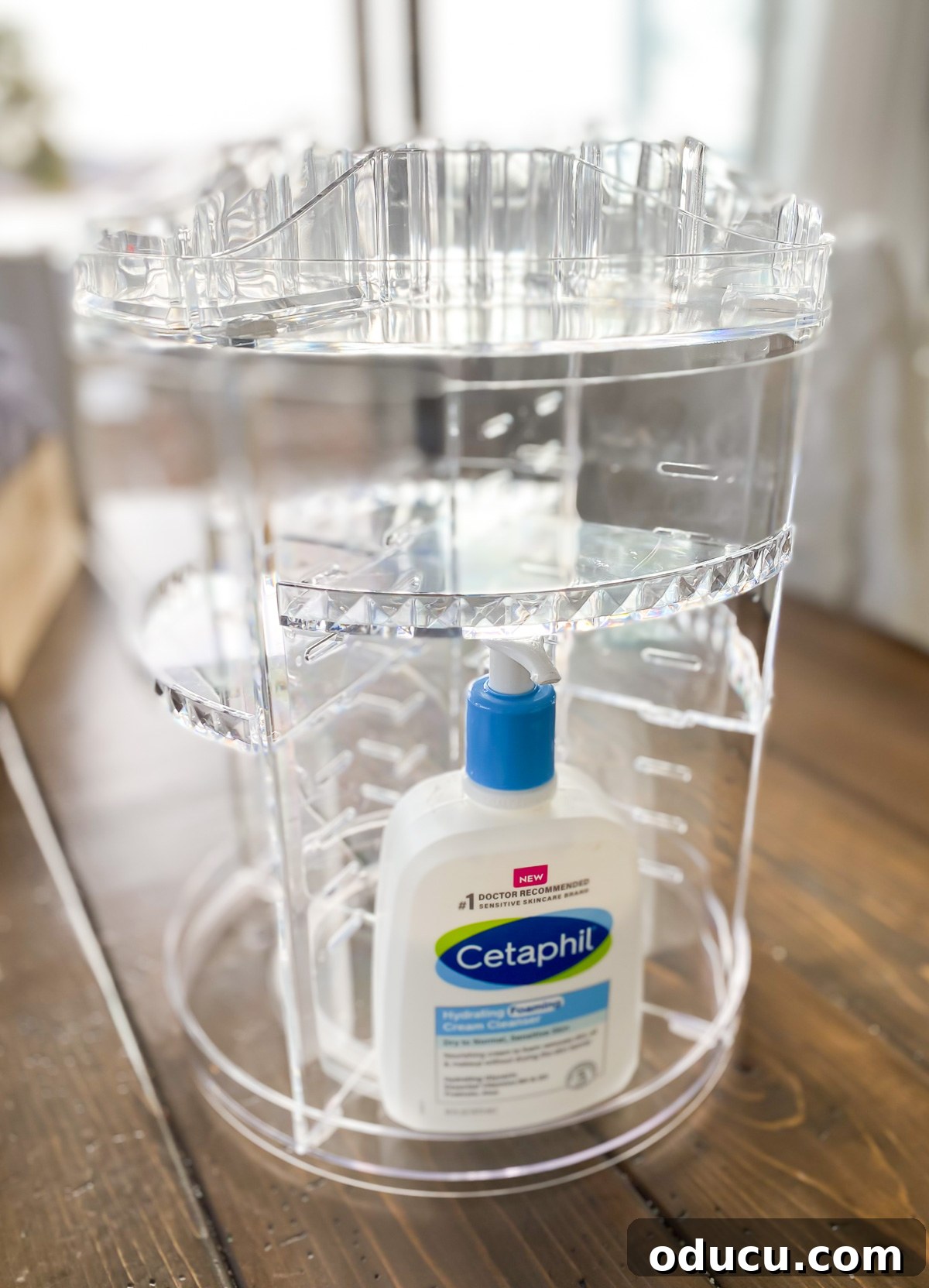 Bathroom countertop makeup organizer with shelves being arranged.