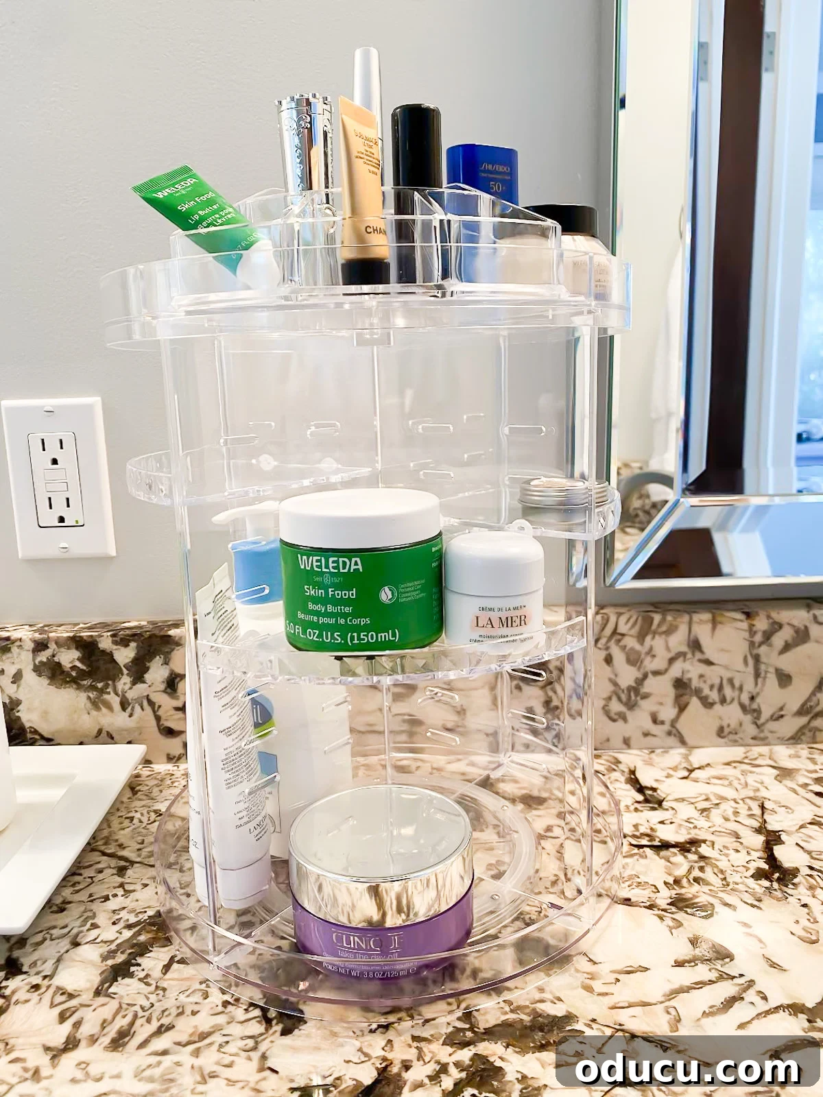 Bathroom countertop makeup organizer showcasing its versatility.