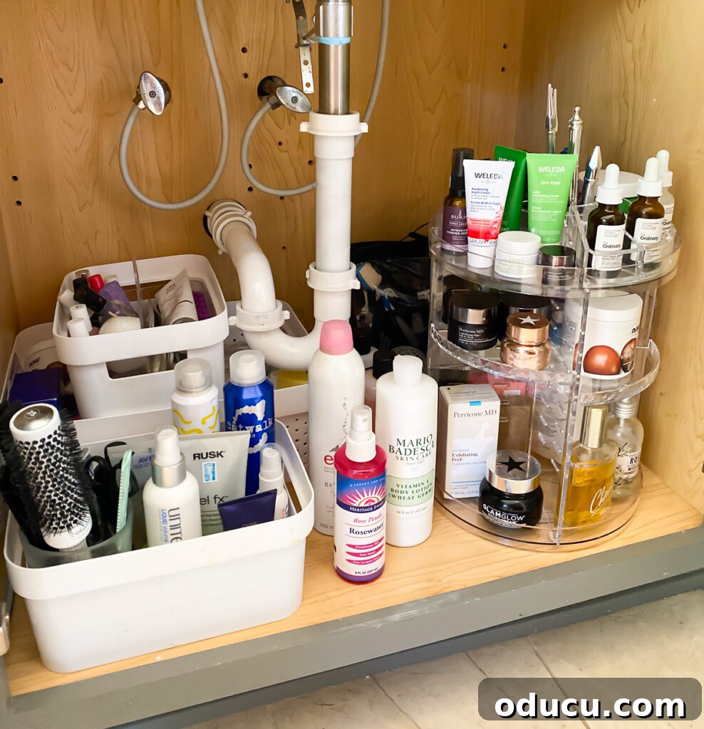 Triple-Tier Revolving Bathroom Organizer 14 Under a bathroom sink, a 3-tier rotating bathroom organizer can be used on a counter or in a cabinet.