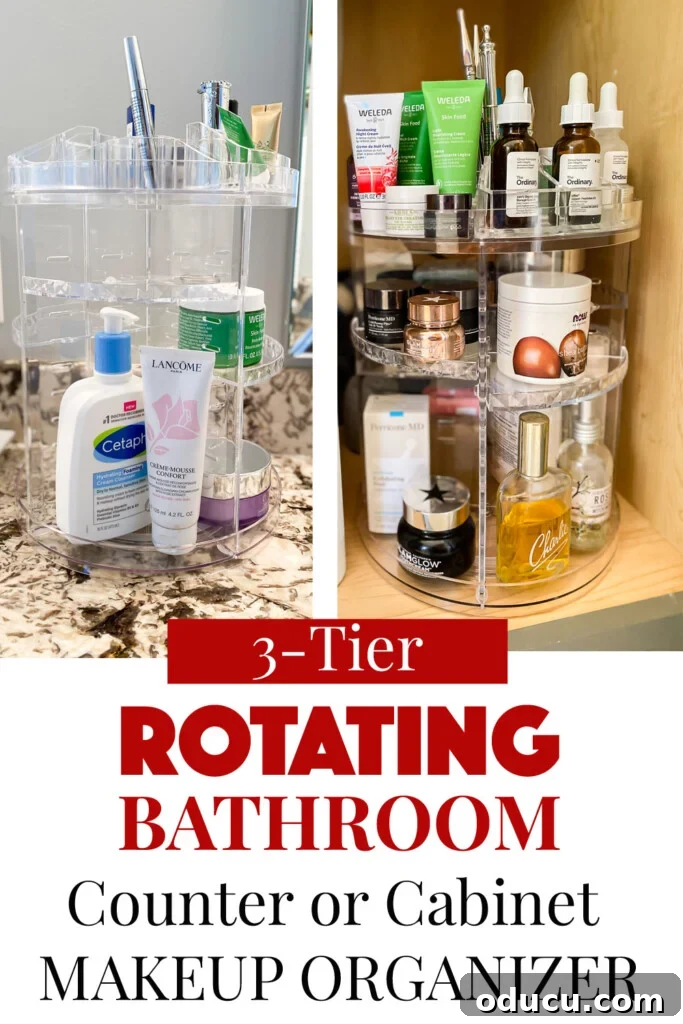 Triple-Tier Revolving Bathroom Organizer 15 Two examples of using a rotating bathroom organizer: on the counter and in a cabinet under the sink.