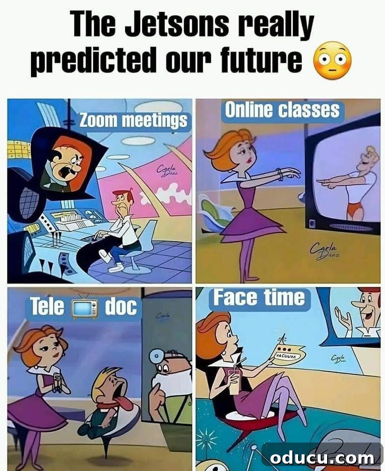 Fashion Reconnaissance Issue 125 3 Four images comparing The Jetsons' futuristic technology with modern-day innovations like video calls, robotic vacuums, and smartwatches, highlighting how fictional ideas have become reality.