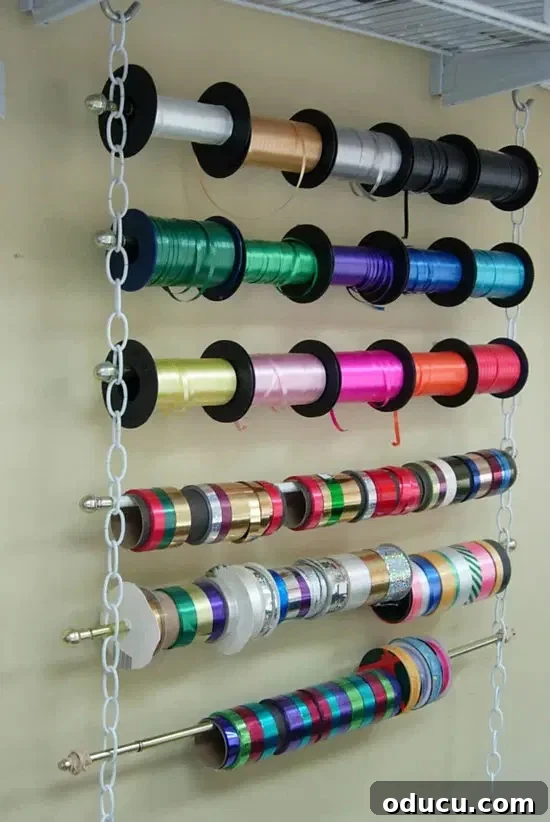 31 Clever & Chic Craft Room Ideas 16 Easy hanging ribbon holder rack for a craft room, suspended from a shelf