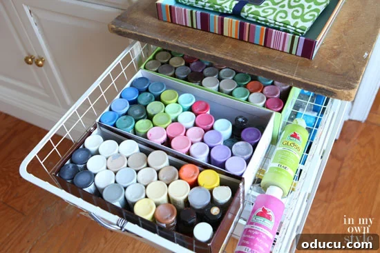 31 Clever & Chic Craft Room Ideas 21 Craft paint organizing ideas: bottles stored upside down in shoeboxes within a drawer