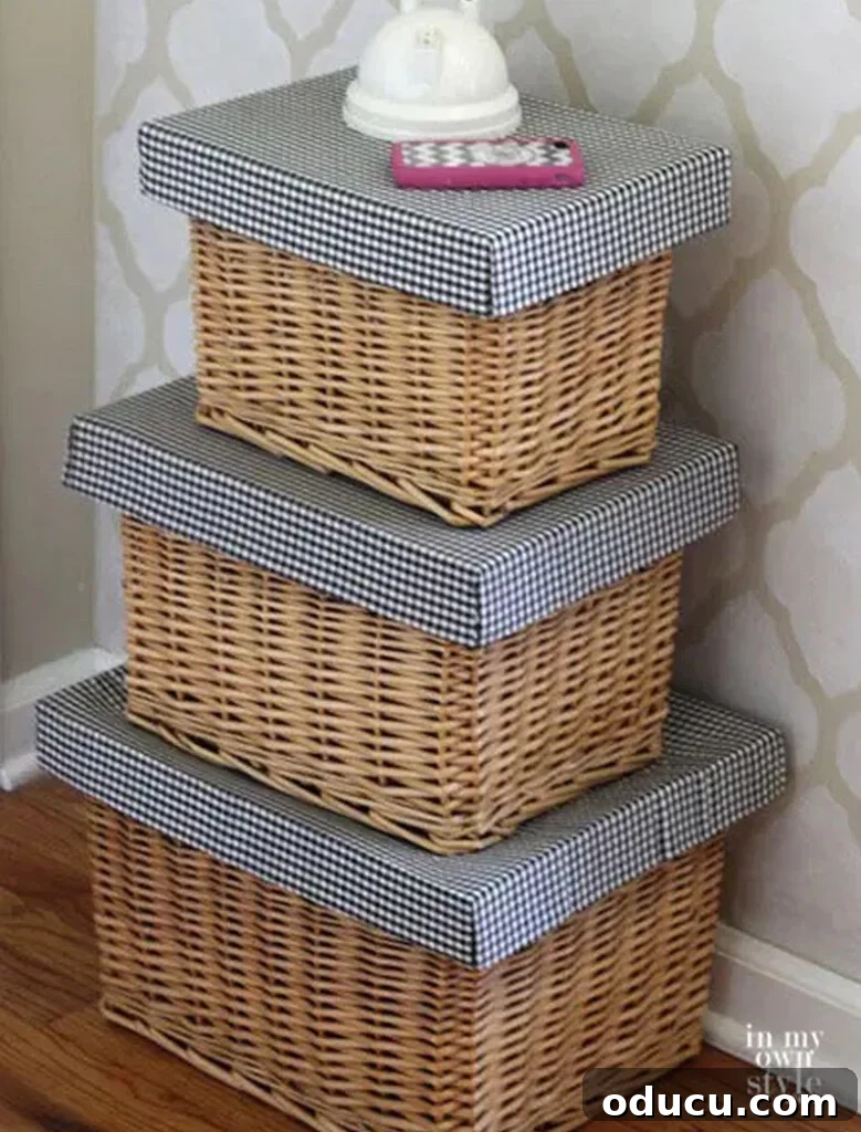 31 Clever & Chic Craft Room Ideas 28 Stack of three rectangular baskets with DIY made lids, allowing them to be stacked for organized storage and used as a side table