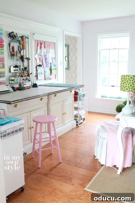 31 Clever & Chic Craft Room Ideas 4 Diane Henkler's In My Own Style Studioffice craft room, featuring a well-organized workspace against a wall