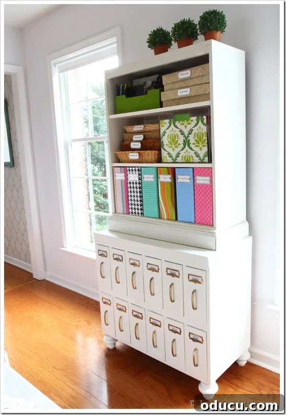 31 Clever & Chic Craft Room Ideas 31 Furniture Before and After: Vintage Wood File Drawer Cabinet combined with a bookcase, painted for a unified look