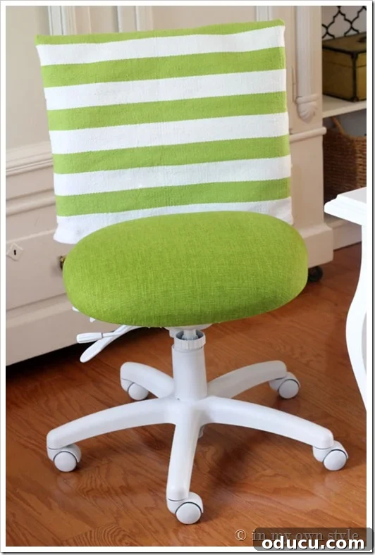 31 Clever & Chic Craft Room Ideas 33 An office chair makeover with lime green and white stripes, transforming a plain chair into a stylish one