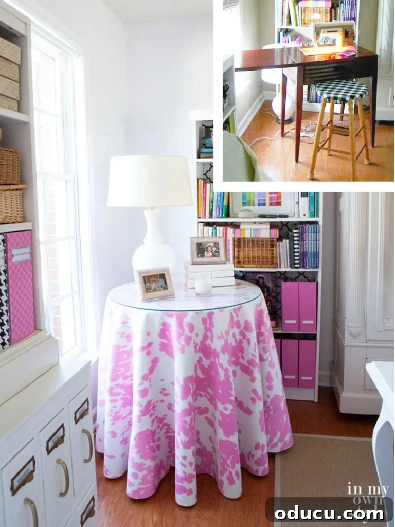 31 Clever & Chic Craft Room Ideas 34 Pink and white skirted round table in a craft room, with a sewing machine stored underneath