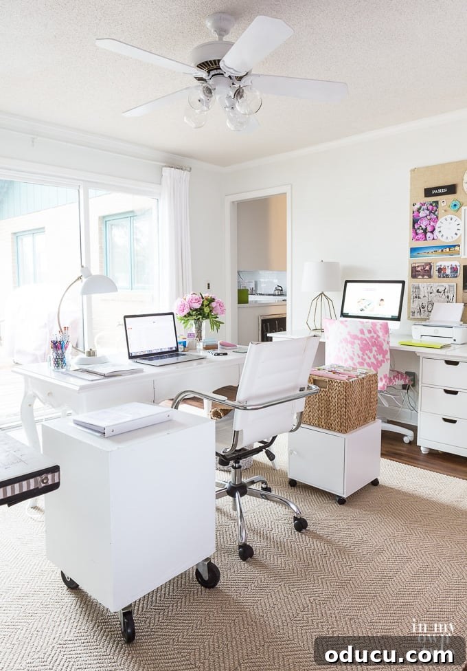 31 Clever & Chic Craft Room Ideas 41 Pretty craft room with the best rug that is easy to clean and a vibrant color scheme