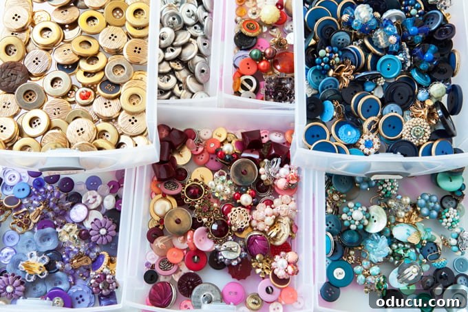 31 Clever & Chic Craft Room Ideas 10 Craft and decorating ideas using buttons and vintage clip-on earrings, stored in clear containers