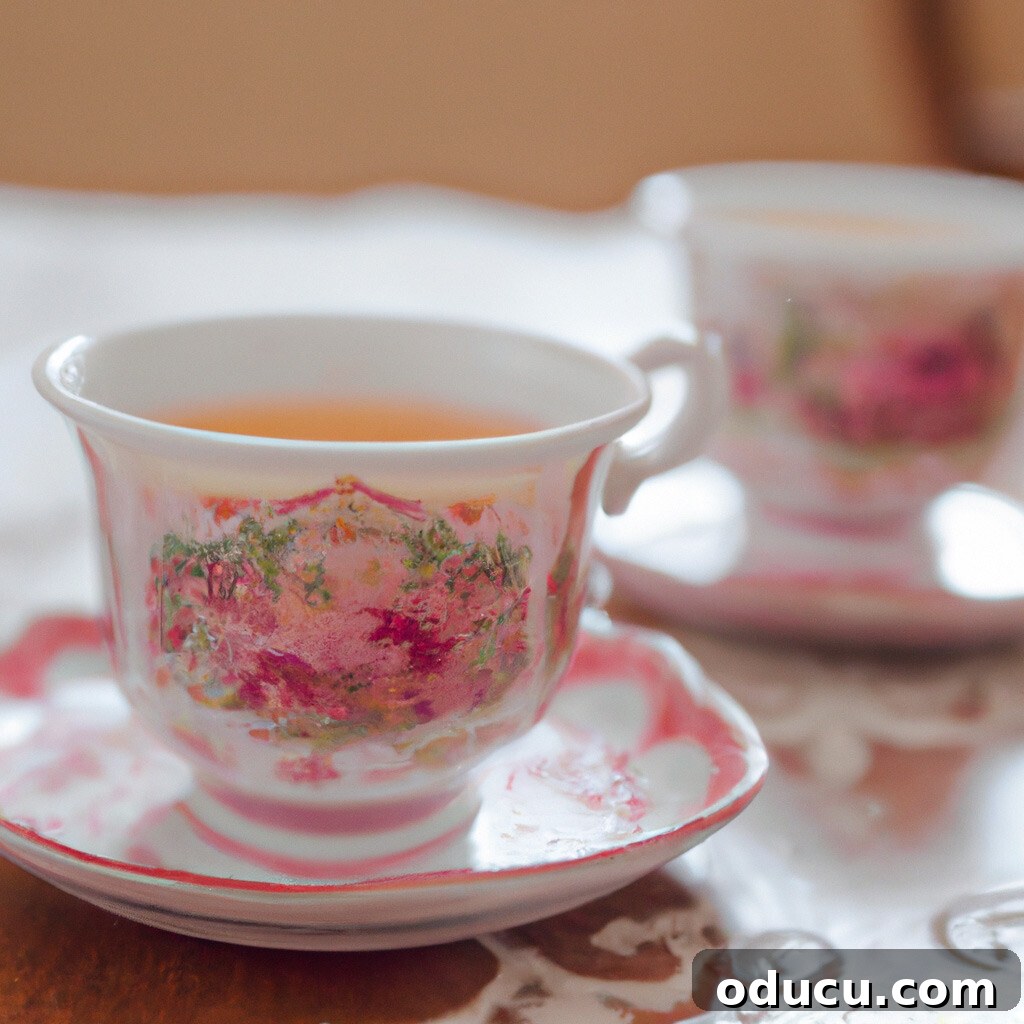Our Teacup Talk 11 A DALL-E generated photo depicting two vintage teacups on a table, complete with a subtle lace tablecloth.
