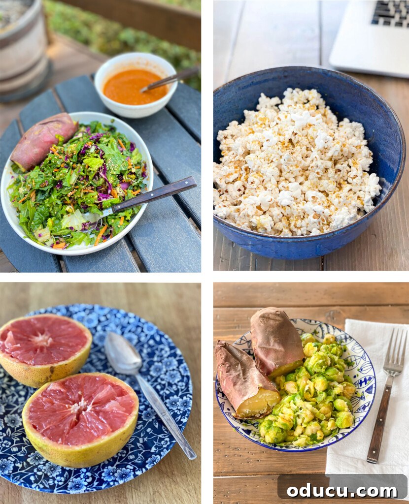 The Friday Connection 6 A collage of four photos showcasing diverse plant-based meals eaten throughout a typical day.