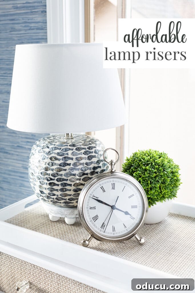 The Curious Case of My Lamp's Little Lift 18 blue and white lamp with fish pattern on an a lamp riser. Text overlay says affordable lamp risers
