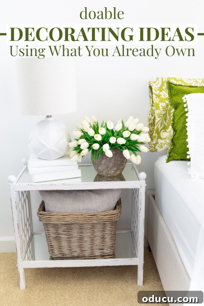 Revitalize Your Bedroom: Creative Decor Transformations 12 A beautifully decorated green and white room, featuring a text overlay that reads: 'Doable decorating ideas using what you already own,' inspiring budget-friendly home makeovers.