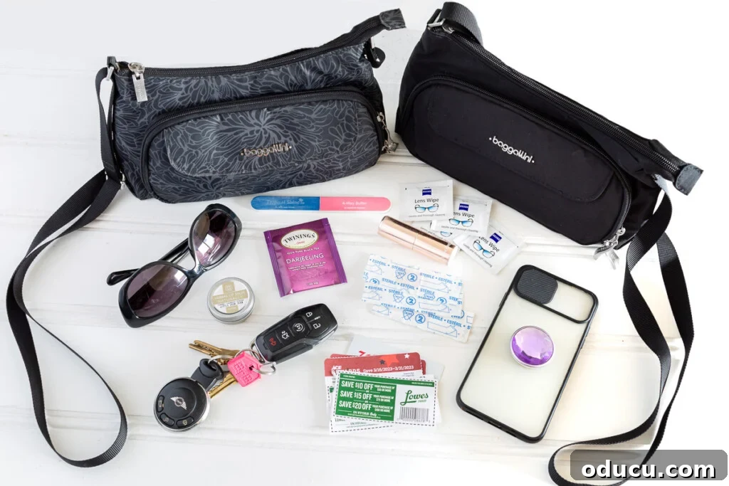 Friday Fun Bag Dump 4 An organized display of the contents of my Baggallini Everyday Bag, featuring the bag itself in a stylish grey print alongside a solid black version, highlighting their versatility.