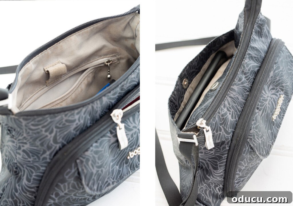 Friday Fun Bag Dump 6 Two clear images illustrating the spacious and organized main section of my Baggallini Everyday Bag, highlighting its capacity for daily necessities.