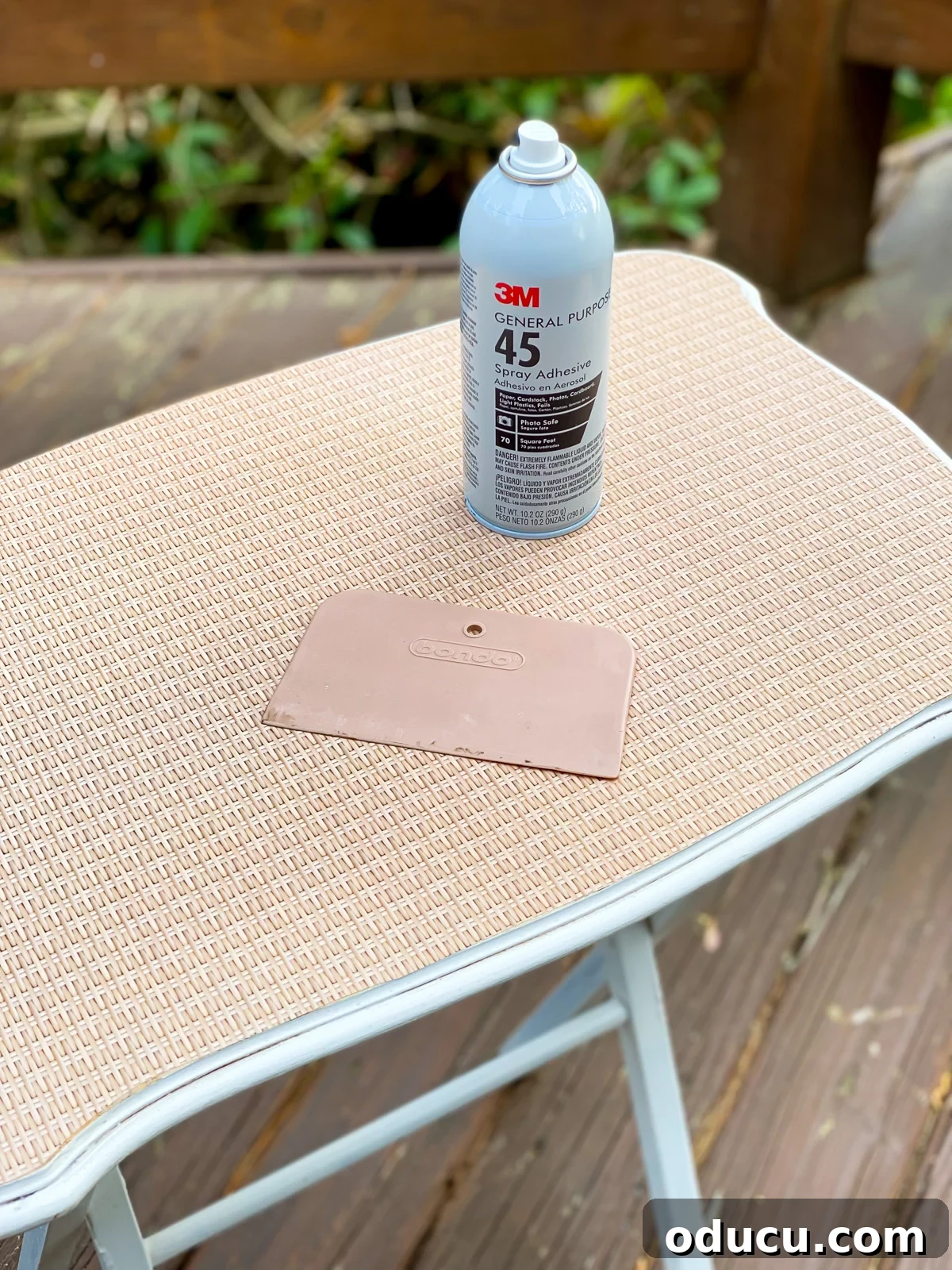 Wicker print paper glued onto tray table top using spray glue instead of Mod Podge