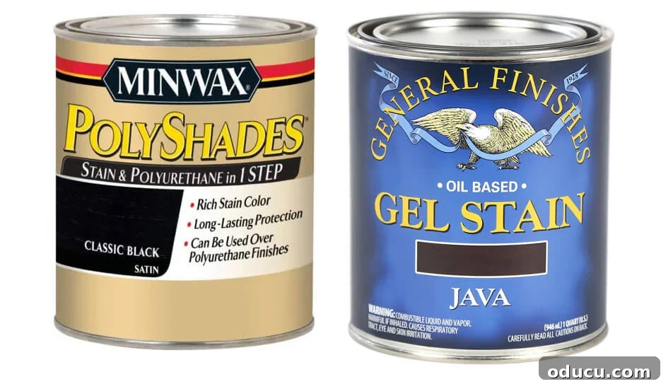 two brands of black stain that can be used over pre-finished furniture.