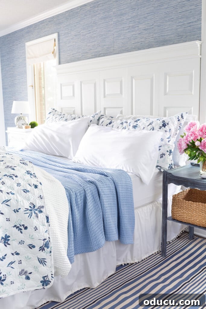 Bedroom Blooms: Your Instant Spring Refresh 7 A close-up of cozy lightweight summer floral bedding on a bed with blue and white accents, highlighting the layered look.