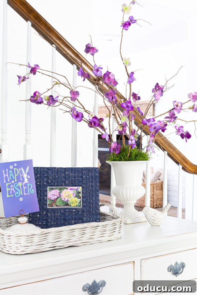 Blue, White, and Lavender Easter Entryway Decor Easter decor in a blue white and lavender color scheme.