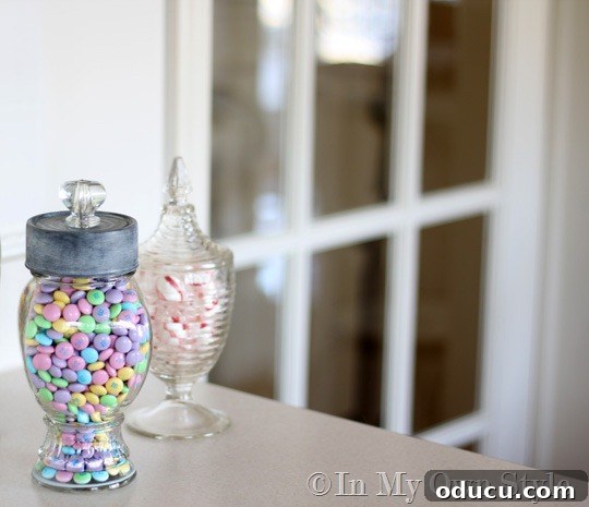 Pastel Easter Candies in a Glass Jar glass canister filled with pastel Easter candies