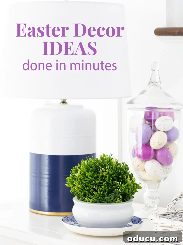Last Minute Easter Decorating Ideas for a Sideboard Easter-decor-created-in-minutes using a spring color scheme on a sideboard.
