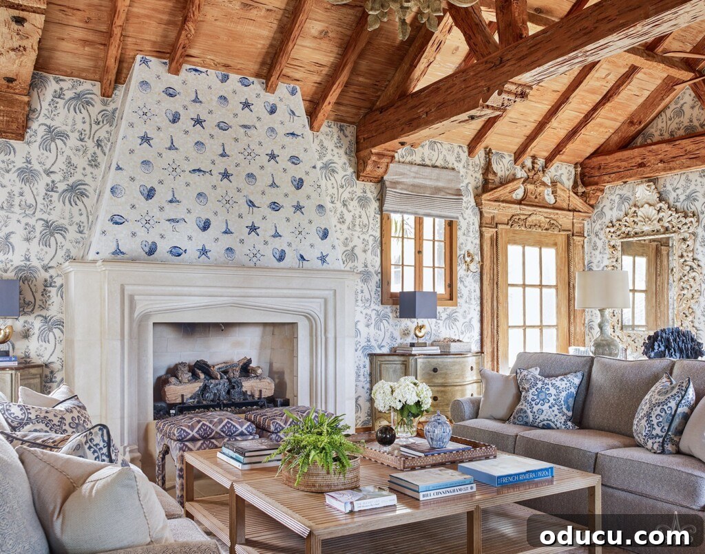 Chic Chronicles 2 Serene blue and white living room featuring natural wood trim and a coastal aesthetic, perfect for home decor inspiration.