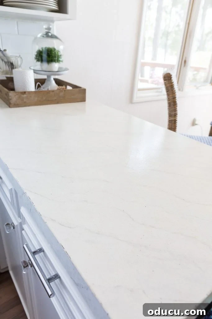 My Cozy Kitchen, Endless Culinary Horizons 4 Kitchen counter painted to look like Carrara Marble, showcasing a budget-friendly DIY solution for updating kitchen aesthetics and maximizing value.