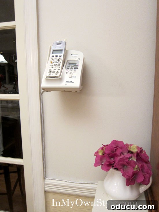 How-to-hide-a-telephone-wir Before and after of a hidden telephone wire in home decor